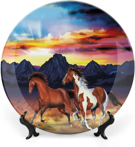 Miniatura 14 de Plato decorativo de 6 pulgadas, plato de porcelana de caballo, caballo blanco sobre fondo negro, placa de exhibición de cerámica para adornos