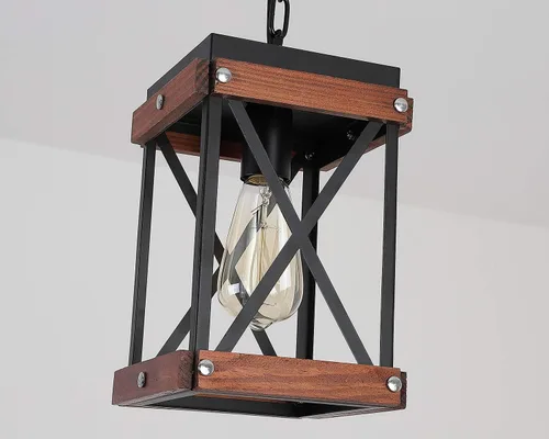 Miniatura 5 de Fivess Lighting Lámpara colgante rústica de granja con cable de 15 pies, interruptor de encendido/apagado, jaula de madera y metal, cadenas Negro