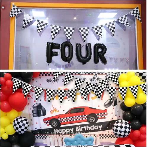 Miniatura 5 de 2 banderas a cuadros para cumpleaños, auto de carreras de doble cara, banderines a cuadros para niños, baby shower, decoración de fiesta