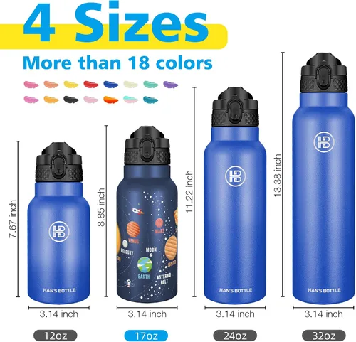 Miniatura 2 de Han's Bottle - Botella de agua para niños con tapa con pajilla - Vaso reutilizable de acero inoxidable aislado para niñas, niños, taza termo, 17
