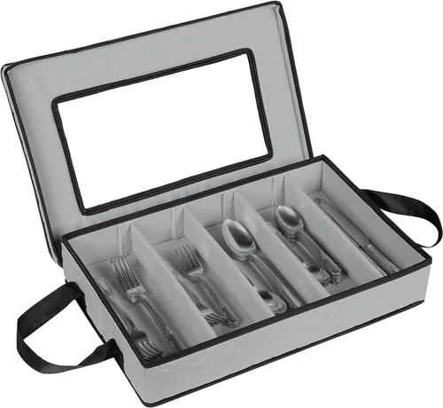 Miniatura 10 de Caja de almacenamiento para cubiertos - Resistente contenedor de almacenamiento para cubiertos de 5 compartimentos con tapa extraíble y asas fáciles