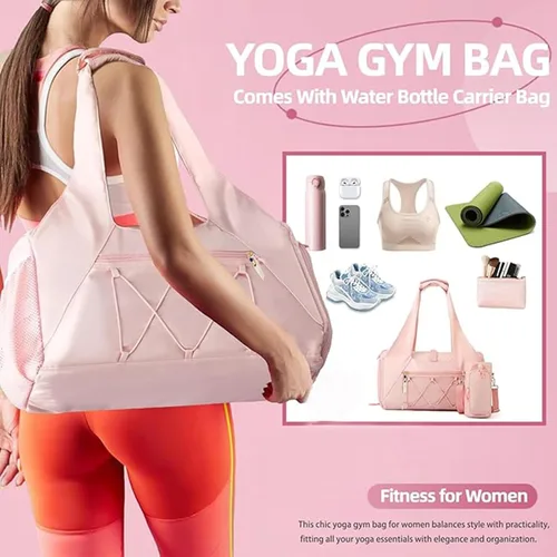 Miniatura 6 de Bolsa de gimnasio para mujer, bolsa de esterilla de yoga con compartimento para zapatos y bolsillo húmedo, bolsa de gimnasio de yoga deportiva