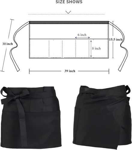 Miniatura 5 de Delantales de servidor, tamaño grande, 3 bolsillos, delantal de media cintura en color negro para mujeres y hombres