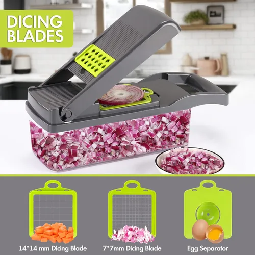 Miniatura 2 de Ourokhome Cortador de cebollas y verduras, cortador profesional de mandolina 12 en 1 para cocina, picador de alimentos multifuncional para papa, Gery