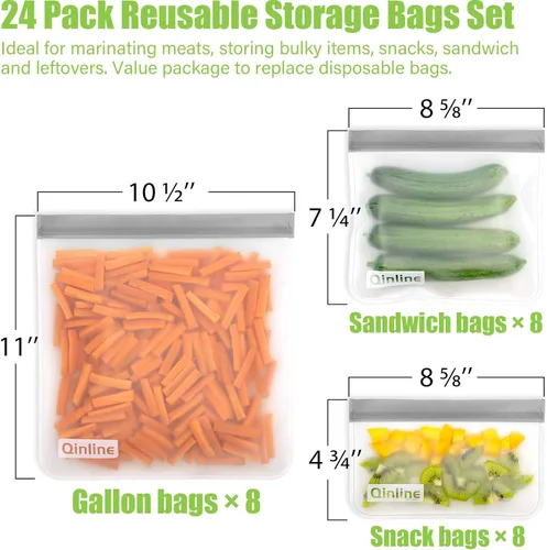 Miniatura 3 de Bolsas reutilizables para guardar alimentos, paquete de 24 bolsas planas sin bisfenol A para congelador