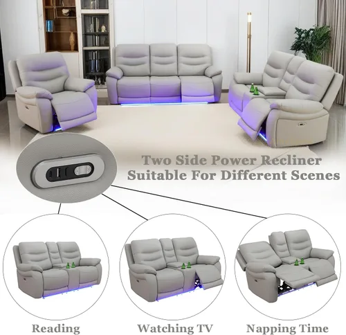 Miniatura 4 de A Ainehome Juego de sofá reclinable eléctrico LED para sala de estar, juego de sofá modular de cuero, sofá reclinable y sofá biplaza con puerto USB