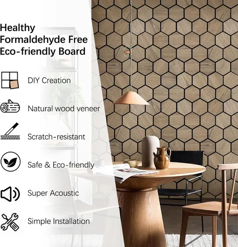Miniatura 8 de Paneles de pared para pared interior – 4 paneles de pared hexagonales – Paneles acústicos hexagonales – Paneles de chapa de madera de nogal natural