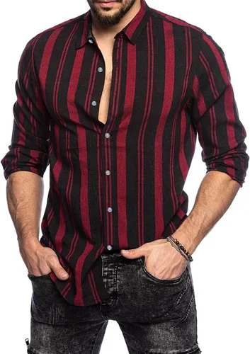 Miniatura 3 de Camisas con botones para hombre, estilo retro, a rayas, con bloques de color, estilo guayabera, estilo cubano, elástica, delgada, de manga larga