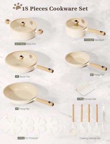 Miniatura 9 de Astercook Juego de ollas y sartenes antiadherentes, juego de utensilios de cocina de cerámica no tóxicos, 18 piezas de utensilios de cocina