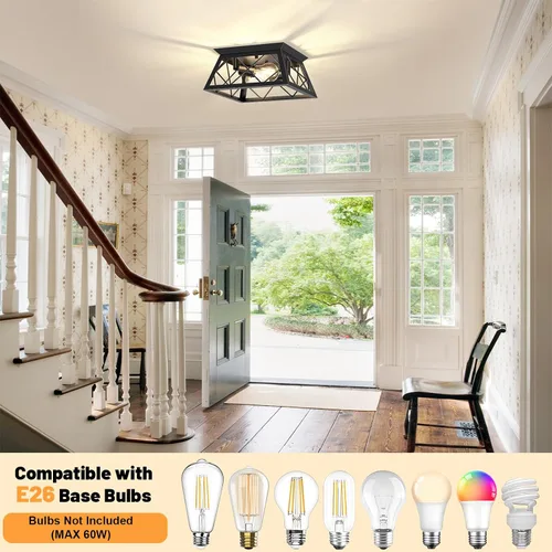 Miniatura 6 de FadimiKoo Lámpara de techo empotrada negra de 2 luces, lámpara de techo industrial para cocina de granja, lámpara de techo de jaula cuadrada