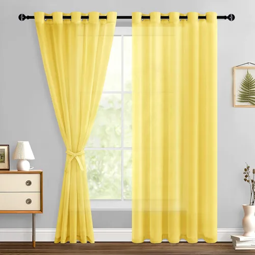Miniatura 101 de Hiasan - Cortinas traslúcidas de gasa cortas semitransparentes con ojales y alzapaños filtrantes de luz para ventana, dormitorio, baño, 2 paneles