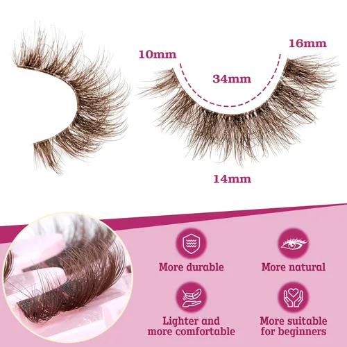 Miniatura 4 de Pestañas Marrones de Aspecto Natural Pestañas Postizas de Visón Sintético 6D Esponjosas y Voluminosas con Curvatura DD Paquete de 9 Pares