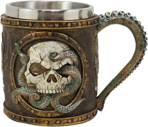 Miniatura 2 de Ebros Nautical Cthulhu Cósmico Octopus Wrecking Cráneo humano en marco de ojo de buey con ancla taza de bebida de resina de 13 oz con forro de acero