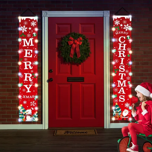 Miniatura 5 de Banderines de Navidad con luces de cadena LED, decoración de puerta de Navidad para interiores y exteriores, nuevo año, letrero rojo de bienvenida