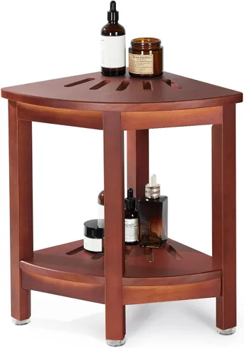 HouseJoy Banco de ducha esquinero con estante, taburete de ducha de esquina de 16.5 pulgadas de alto para afeitarse las piernas, reposapiés de