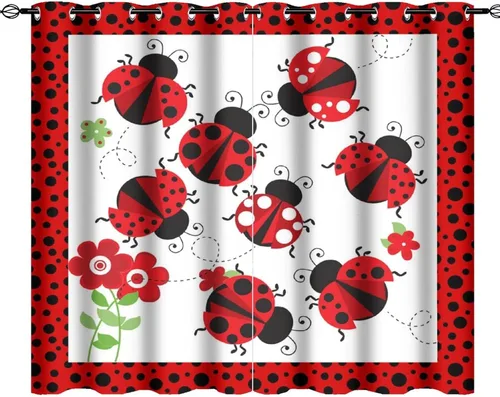 Miniatura 36 de Cortinas opacas de estilo japonés de mariquita de dibujos animados, diseño de eucalipto de mariquita roja y negra, juego de tratamiento de ventana