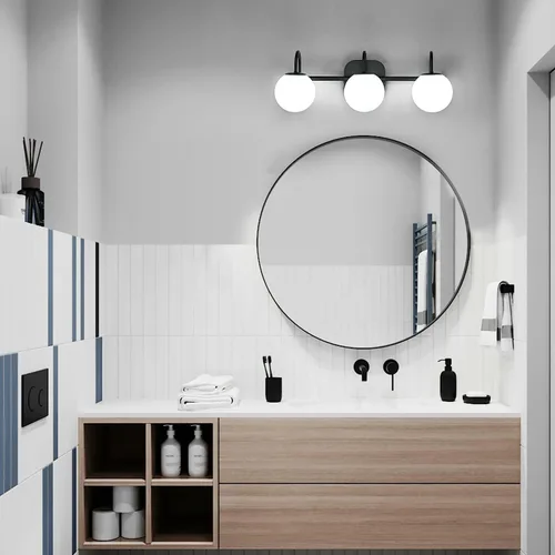 Miniatura 2 de Moderna lámpara negra para tocador de baño, accesorios de iluminación de 3 luces, marco y pantalla de globo de vidrio blanco leche, aplique de pared