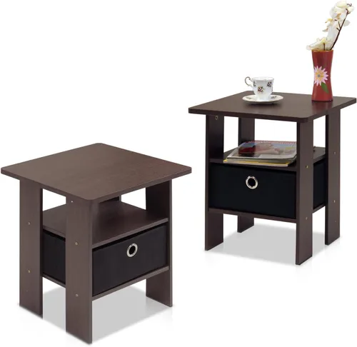 Mesa de noche con cajón Furinno, Madera, Marrón oscuro/Negro