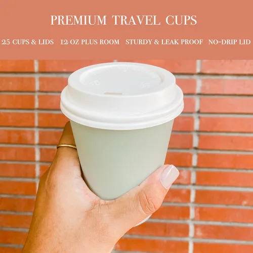 Miniatura 5 de BrewHouse - Tazas de café desechables con tapas, 12 onzas, tazas de café de papel de lujo con tapas, 25 unidades, color verde