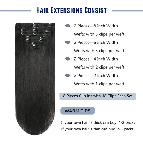 Miniatura 3 de Sunya Extensiones de cabello humano real con clip, color negro azabache, doble trama, lacio, 12 pulgadas, #1, 8 unidades, 3.53 oz