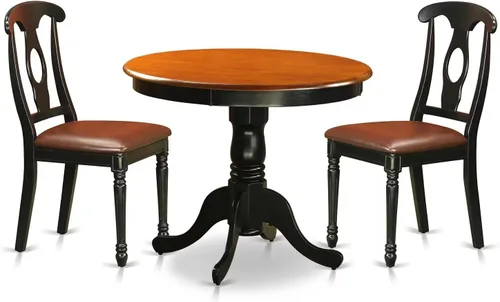 East West Furniture El juego de habitación ANKE3-BLK-LC de 3 piezas contiene una mesa de cocina redonda con pedestal y 2 sillas de comedor tapizadas