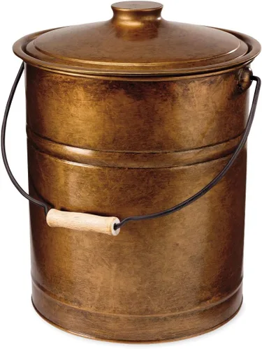 Miniatura 6 de Plow & Hearth Cubo de ceniza grande negro de 3 galones con tapa y mango de madera, metal de hierro galvanizado de calibre 28, doble fondo