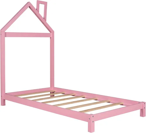 Miniatura 8 de Cama de plataforma de madera de tamaño individual con cabecera en forma de casa, plataforma única para niños y niñas, no requiere somier