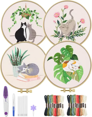 Miniatura 8 de ERKOON 4 Kits de Bordado, Juego de Punto de Cruz de Animales que Incluye Tela de Bordado, Aros, Hilos para Amantes de las Manualidades, Puntada a