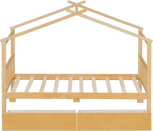 Miniatura 6 de JIVOIT Cama de plataforma de madera con dos cajones, cama de casa tamaño individual con diseño de techo, patas de pino macizo, cabecera y estribo