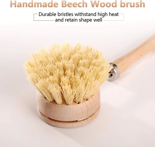 Miniatura 6 de Boao Paquete de 3 cepillos para platos con mango de madera de haya con cabezales de repuesto, cepillo de madera natural para lavar y limpiar ollas