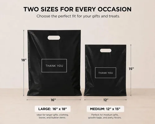 Miniatura 6 de Purple Q Crafts Bolsas de compras de plástico negras con asas, bolsas de agradecimiento para tiendas minoristas, grandes de 16 x 18 pulgadas