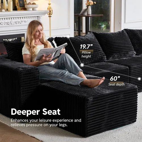 Miniatura 4 de MODNEST Sofá cama de 9 plazas, sofá modular sin hueso, sofá seccional de nube, sofás seccionales para sala de estar, sofás en forma de U con Negro