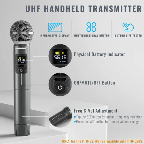 Miniatura 2 de Phenyx Pro Transmisor de micrófono de mano UHF inalámbrico PTU-52 con 30 frecuencias seleccionables