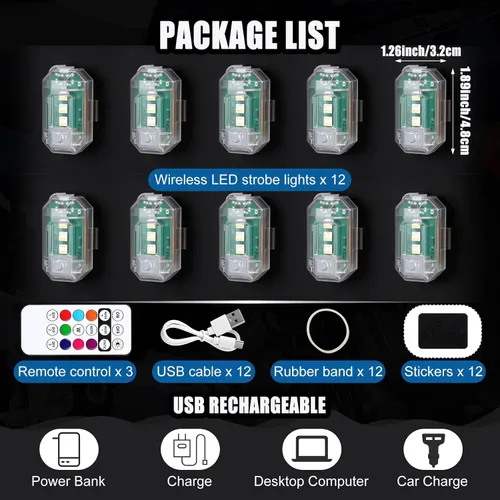 Miniatura 6 de Xuhal 12 piezas de luces estroboscópicas LED inalámbricas con control remoto, 8 colores RGB, alta luminosidad, impermeables, anticolisión, USB