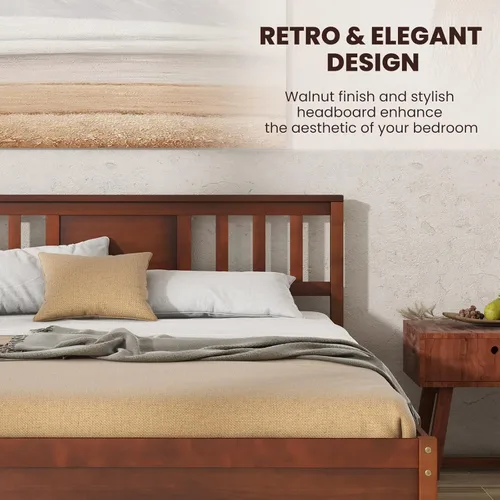 Miniatura 5 de Giantex Marco de cama de plataforma de madera maciza de tamaño matrimonial, marco de cama matrimonial de mediados de siglo con cabecero, soporte