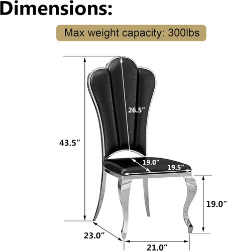Miniatura 3 de Juego de 2 sillas de comedor de cuero, sillas de cocina tapizadas negras con respaldo alto con patas de acero inoxidable plateadas, modernas sillas