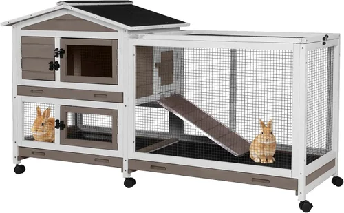 GUTINNEEN 2-Story Rabbit Hutch for 2-4 Rabbits - Wooden Guinea Pig Cage with 6 Wheels, 3 Pull-Out Trays & Waterproof Asphalt Roof, Indoor Outdoor,