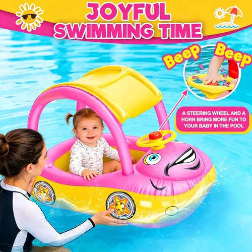 Miniatura 3 de iGeeKid Flotador inflable de piscina para bebé con toldo, asiento de seguridad para bebé, flotadores de natación en forma de automóvil, flotadores