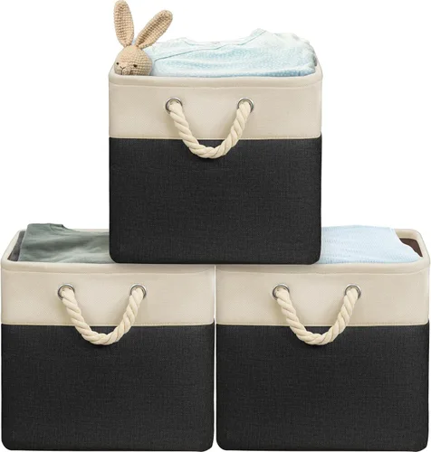 Miniatura 20 de Simple Houseware Cubos de almacenamiento de tela grandes de 13 x 13 pulgadas para armario y organizador de cubos, paquete de 3, color beige