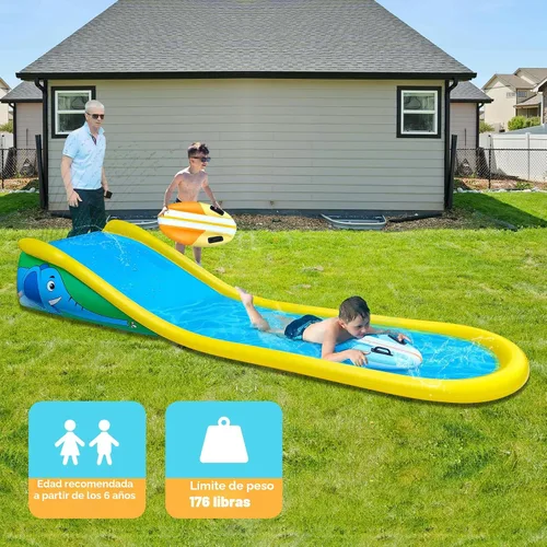 Miniatura 2 de Tobogán acuático inflable con aspersor para niños, tobogán acuático de 15 pies con 2 jinetes inflables de surf y rociador integrado para edades de 6