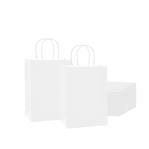 Bolsas de papel con asas de 5.75 x 3.75 x 8 pulgadas, paquete de 100 bolsas blancas lisas para regalos, fiestas, compras. Paquete a granel ideal