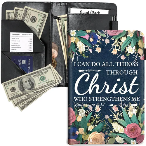 RYUITHDJP Libro de mesera, libros de camarera con bolsillo con cremallera, diseño de flores cristianas, organizador de libros para servir,
