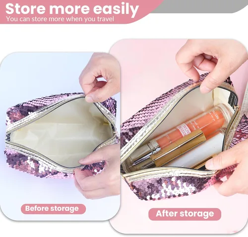 Miniatura 4 de Magic Sequin Travel Cosmetic Bags Reversible Glitter Maquillaje Organizador Bolsa Bolsa para Mujer (Rosa)