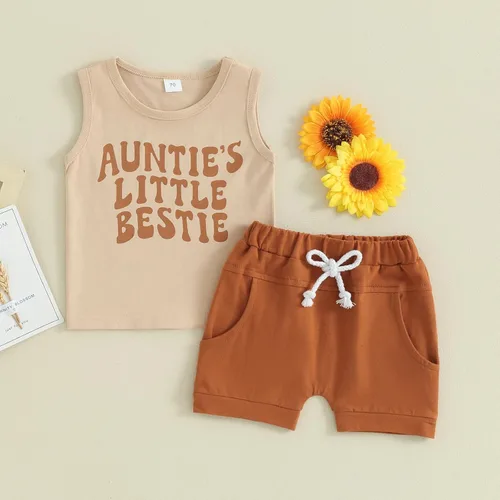Miniatura 43 de Ropa de bebé niño sin mangas + pantalones cortos con estampado a rayas con bolsillos, 2 piezas de trajes de verano