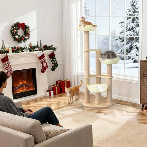Miniatura 9 de Tinnmao Torre de árbol de madera maciza para gatos grandes, árbol de madera para gatos de 53 pulgadas con poste rascador cubierto de sisal natural