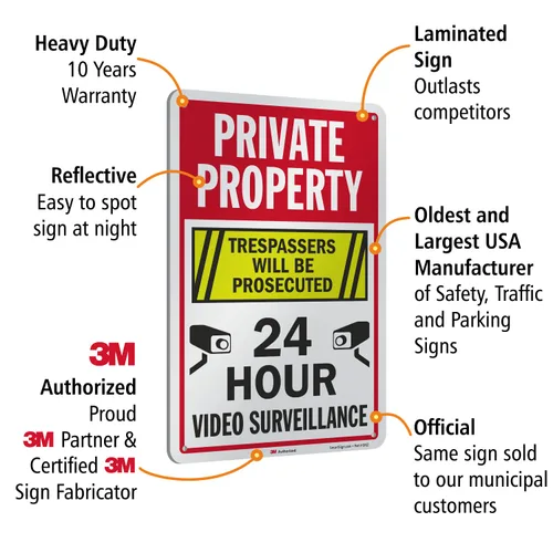 Miniatura 4 de SmartSign Letrero metálico de 18 x 12 pulgadas con texto en inglés "Private Property - Trespassers Will Be Prosecuted", video vigilancia las 24