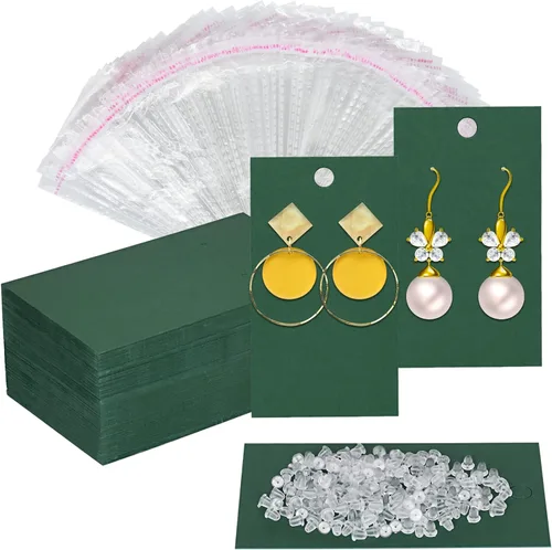 Miniatura 11 de Twavang Juego de portatarjetas para aretes, 100 tarjetas de exhibición de aretes de papel kraft, 100 pares transparentes de aretes con 100 bolsas