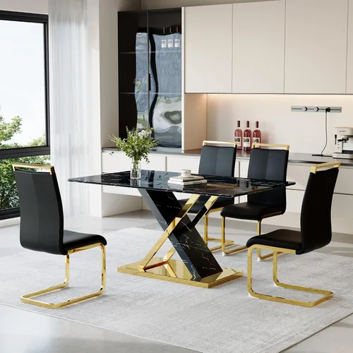 Miniatura 23 de YUNDREAM - Juego de mesa de comedor moderna de mármol para 4, mesa de comedor de oro negro de 63 pulgadas con marco cromado en forma de X y sillas