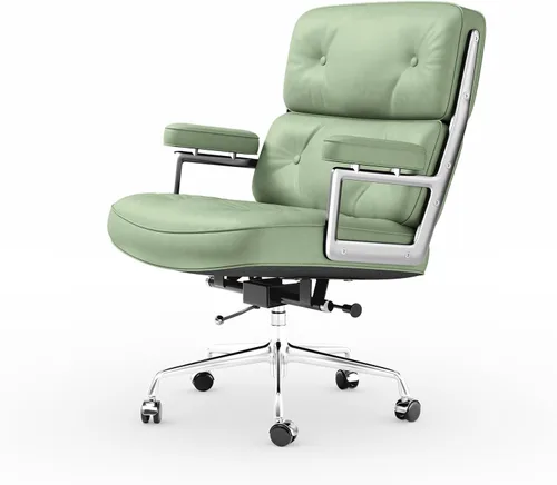 Miniatura 11 de Silla de oficina de cuero genuino, sillas de escritorio ejecutivas con respaldo medio con brazos y ruedas de aluminio, silla giratoria de cuero