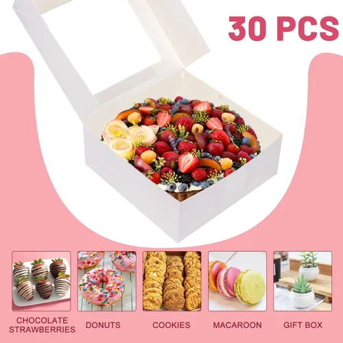 Miniatura 3 de NPLUX Cajas de panadería de 8 x 8 x 3 pulgadas con ventana, cajas de chocolate y fresas para pastel, pastel, magdalena, galletas, macarrón, corazón